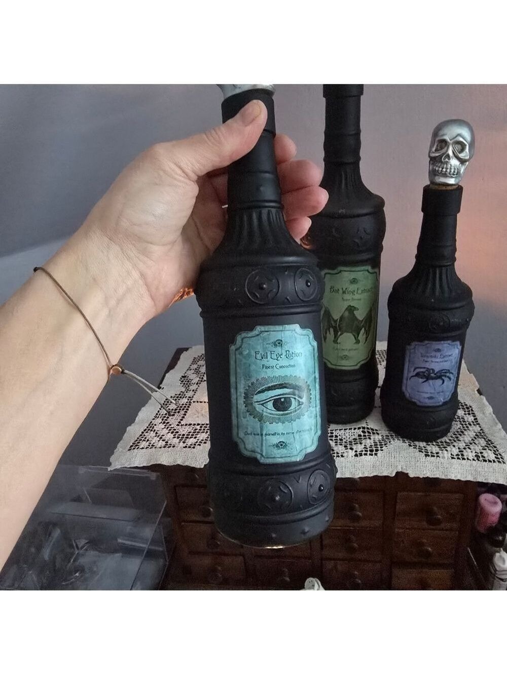 Three Black Glass Gothic Witch Tincture Potion Bottles With Skull Cork Stoppers - Picture 4 of 12